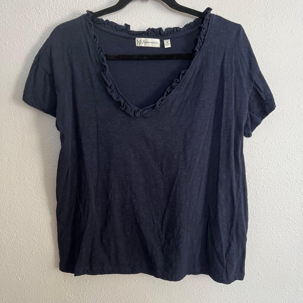 Neiman Marcus Ruffle Tee Top Navy Blue V-Neck Pullover Cotton Short Sleeve Sz M